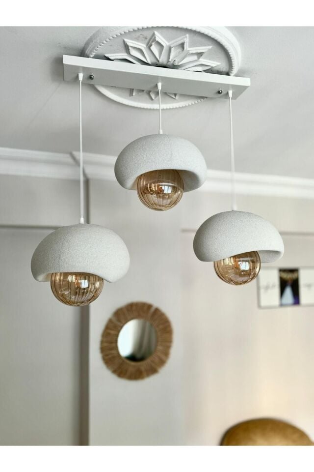 CAKA TEPSİLİ 3 Lü Sarkıt Avize Rustik E27 Modern Avize Beton Görünüm Bohem (E27 Ampul Dahildir.)