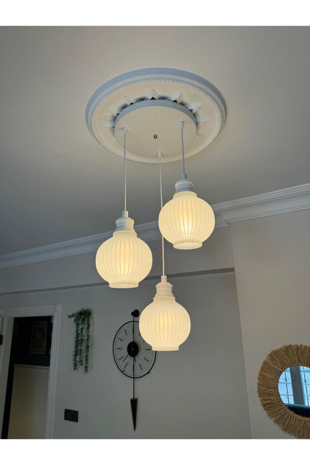 Bohem 3'lü Beyaz Sarkıt Avize - 3 Başlıklı Avize Modern Tasarım Yatak Odası Salon Yemek Odası