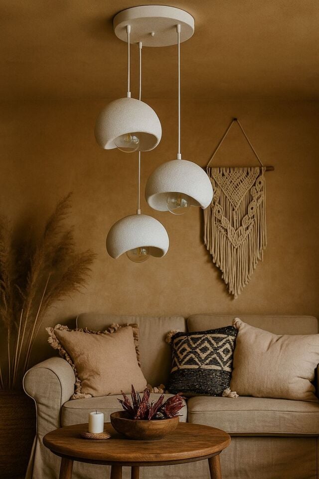 3 Lü Sarkıt Avize Rustik E27 Modern Avize Bohem Beton Görünüm 25 cm.(RUSTİK AMPUL HEDİYEDİR.!)