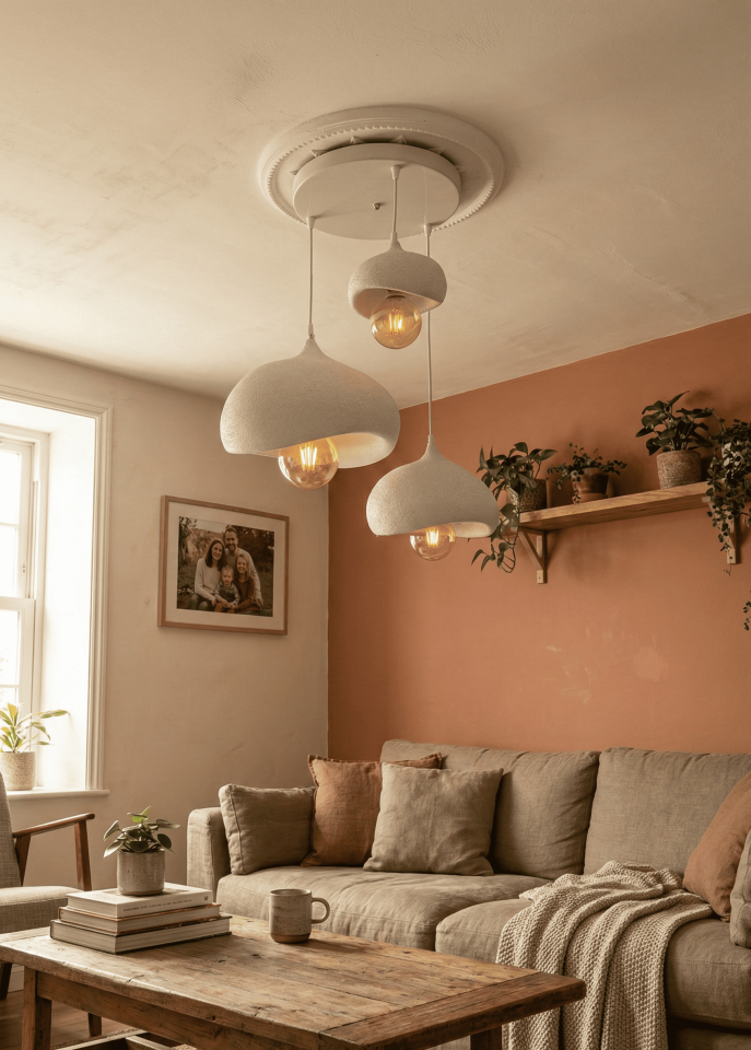 Modern 3’lü Sarkıt Avize - 20/30/40 cm Beton Dokulu Tasarım, Salon & Oturma Odası Aydınlatması