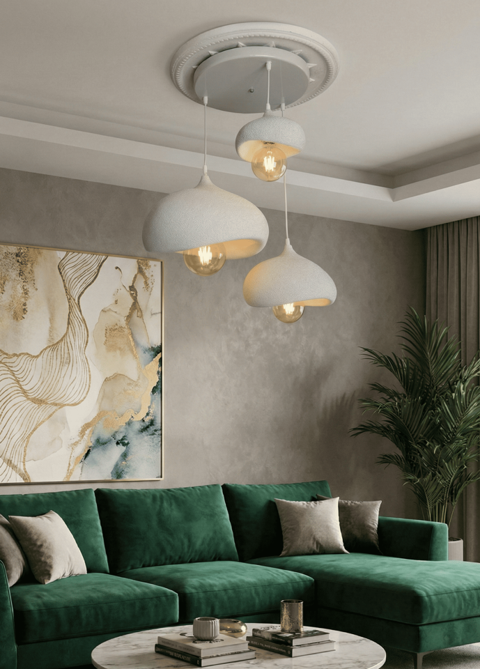 Modern 3’lü Sarkıt Avize - 20/30/40 cm Beton Dokulu Tasarım, Salon & Oturma Odası Aydınlatması